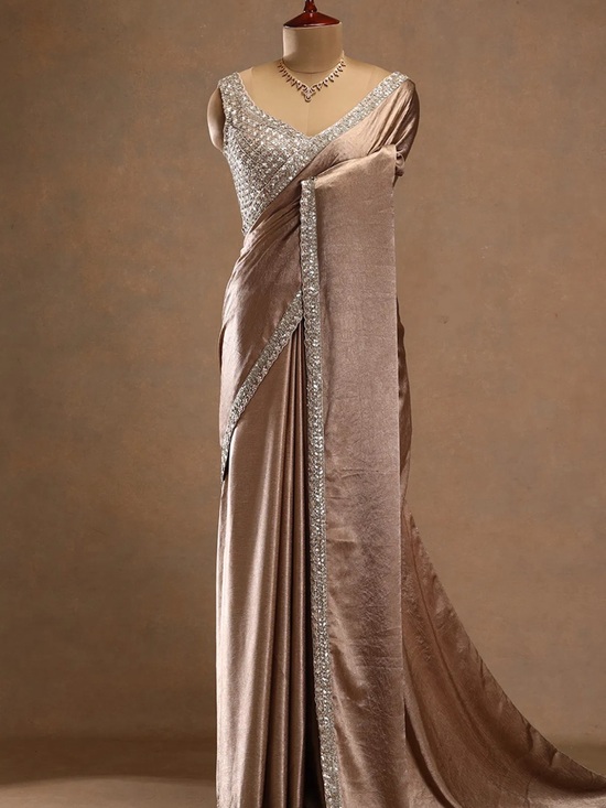 Samyakk Other - Elegant Beige Satin Saree with Silver Embellished Blouse